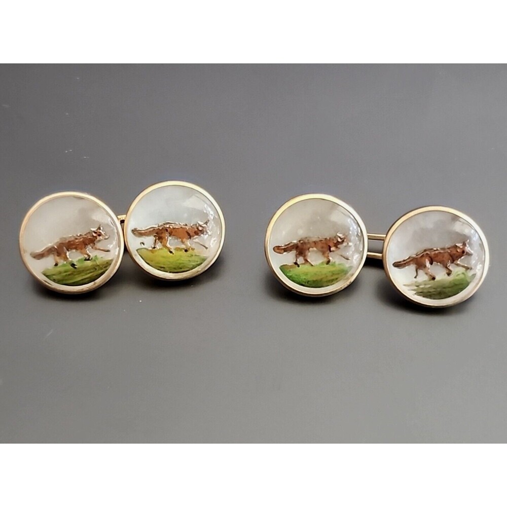 Brant &Son Edwardian Essex Crystal 14K Yellow Gold Fox Cuff Links